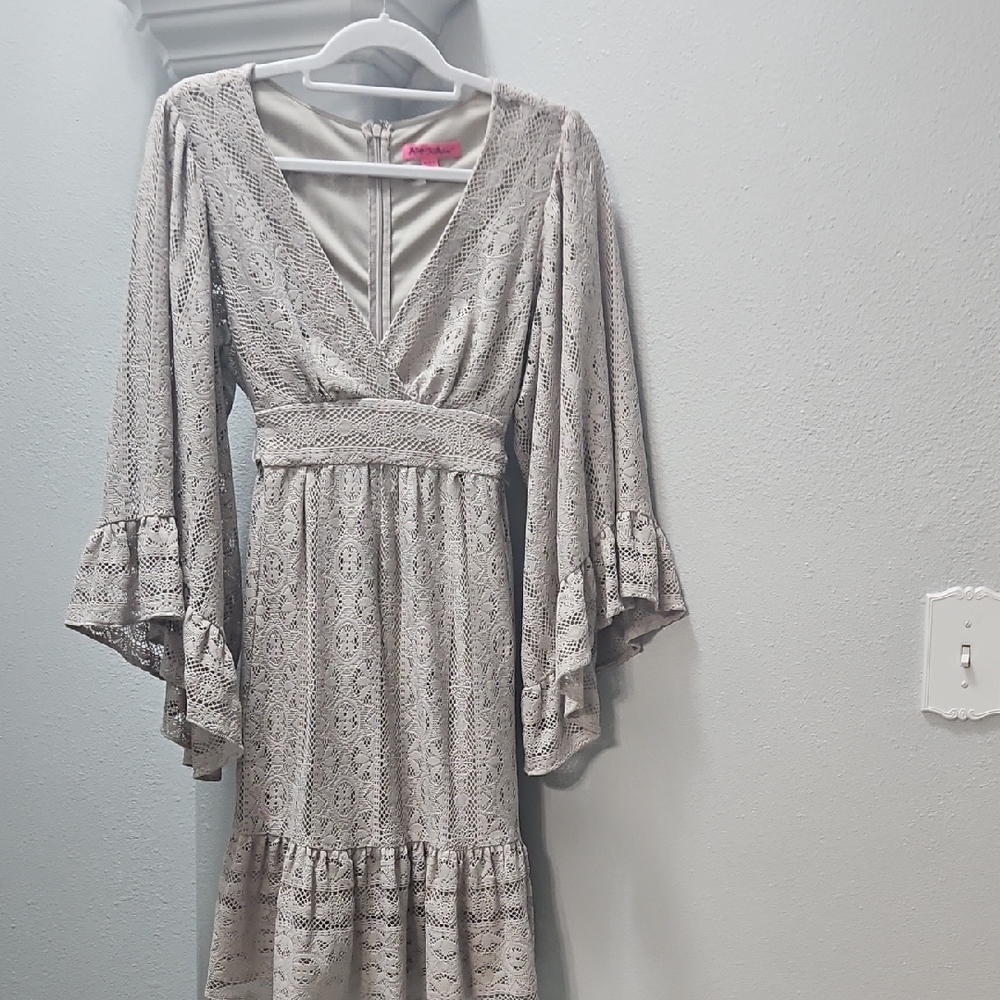 Betsey Johnson Gray Lace V-Neck Dress with Bell Sleeves